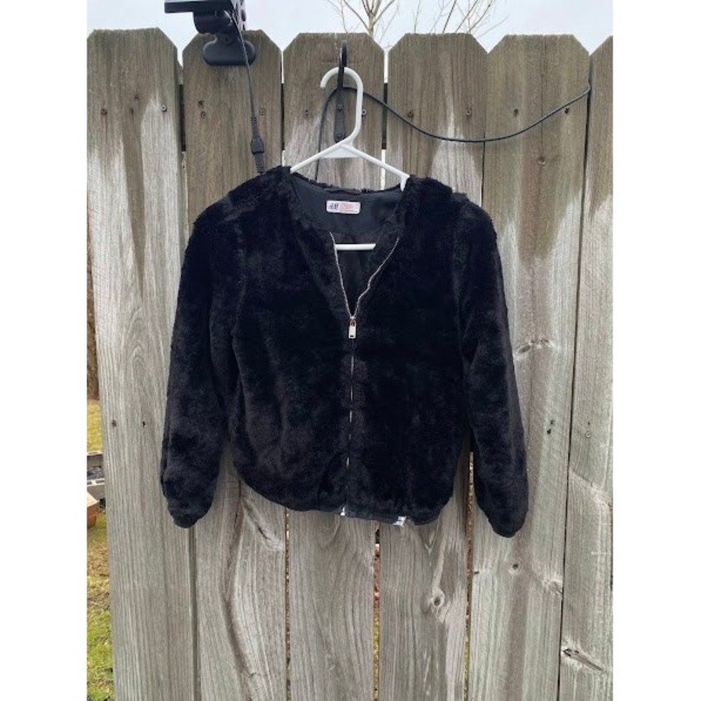 HM Kids Black Faux‎ Fur Zip Up Bomber Jacket Size 9-10Y 140